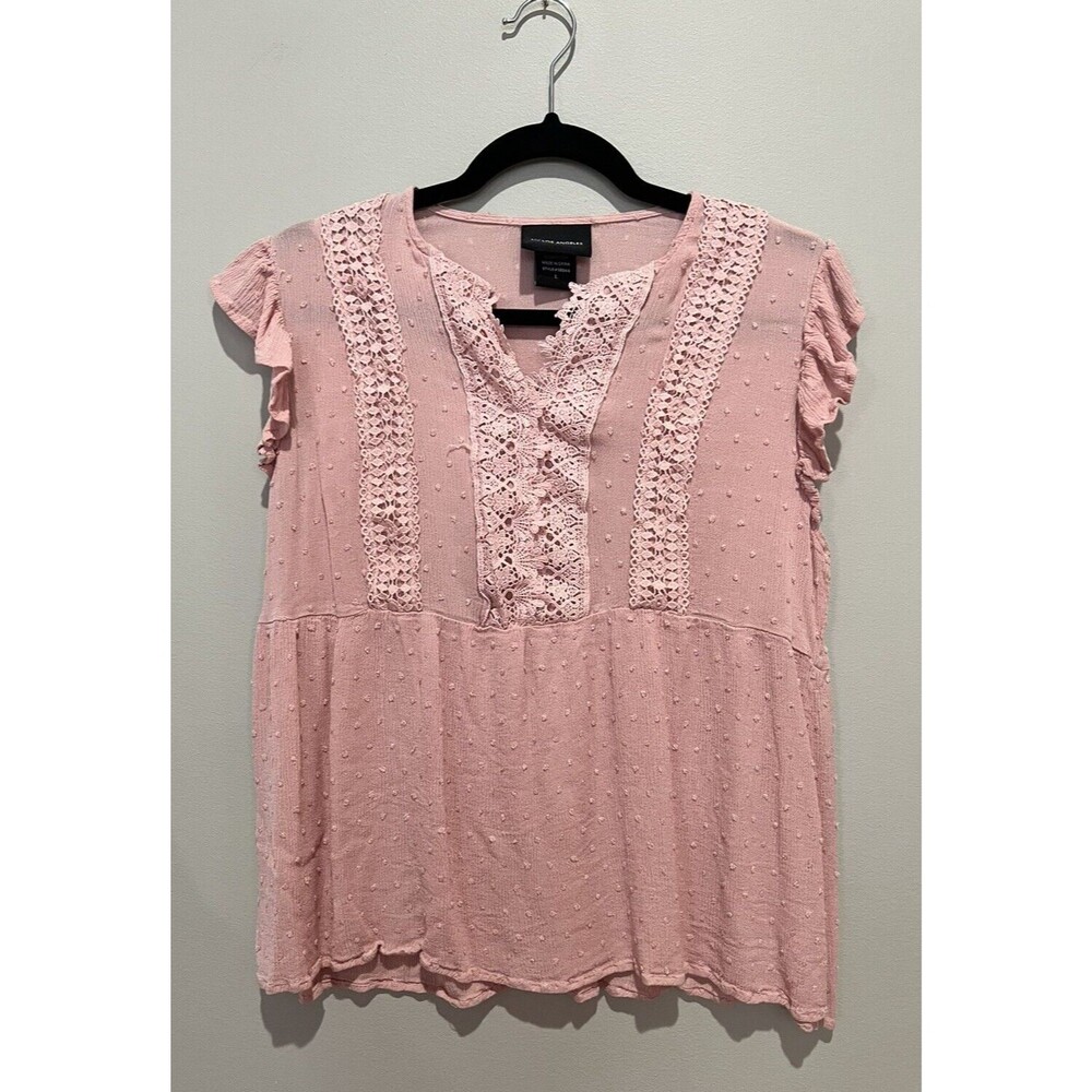 Liv Los Angeles Pink Peplum Swiss Dot Short Sleeve Blouse - Large